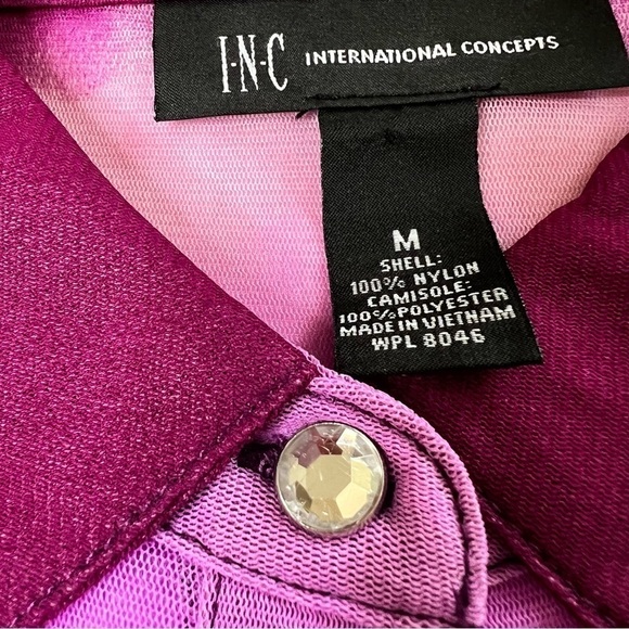 INC International Concepts Sheer Purple Tie Dye Rhinestone Button Top Women M - Picture 9 of 13